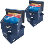 PRANDOM File Organizer Box - Set of 4 Collapsible Decorative Linen Filing Storage Hanging File Folders with Lids Office Cabinet Letter/Legal Size Navy Blue 17.1x14x11.1 inch