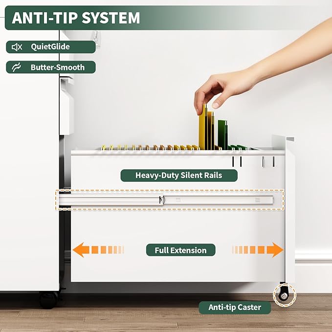 3 Drawer File Cabinet with Lock,Under Desk Rolling Small Filing Cabinet for Home Office Storage, Mobile Steel Cabinets with Wheels, Fully Assembled, White