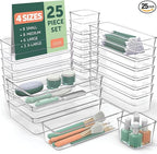 25 PCS Clear Plastic Drawer Organizers Set, 4 Sizes Clear Drawer Organizers & storage Bins for Makeup/Jewelry Vanity, Kitchen Gadgets Or Office Desk. Bathroom Drawer Organizer Trays With Non-Slip Pads