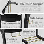 Suit Valet Stand for Men, Wood Mens Valet Stand with Base, Contour Hanger, Tray, Trouser Bar and Tie Bar, Clothes Valet Stand for Bedroom Entryway Home Living Room Office (Black)