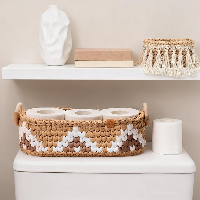 Handwoven Toilet Paper Storage Basket with Wooden Base & Handles - Boho Modern Bathroom Organizer, Small Shelf Basket for Living Room, Bedroom, Nursery (Brown)