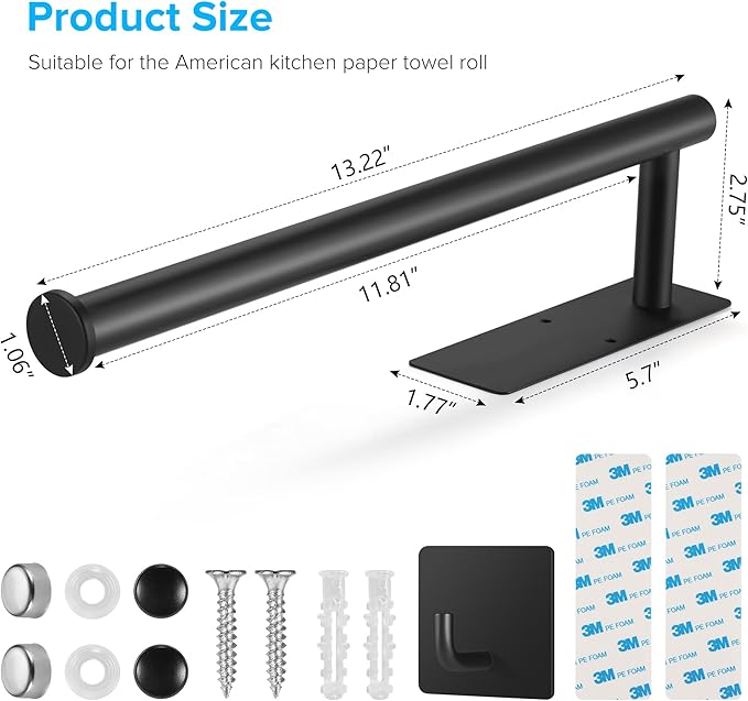 2nd Gen Paper Towel Holder Under Cabinet No Drilling, [More Sturdy] Self Adhesive or Drilling Paper Towel Holder Wall Mount for Kitchen,RV [Fit Mega Paper Towel Roll] SUS304 Stainless Steel