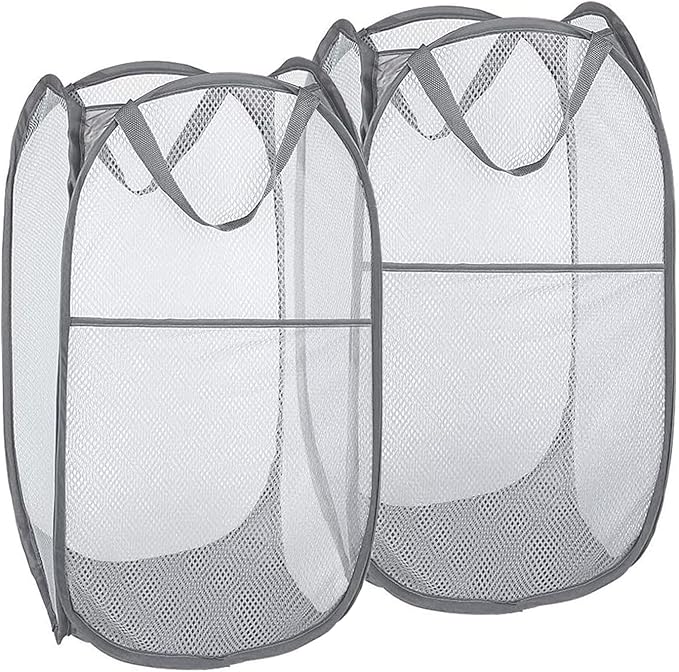 2 Pack Pop Up Laundry Hampers, Collapsible Mesh Laundry Basket, Foldable Clothes Hampers for Bathroom, College Dorm, Travel (Grey)