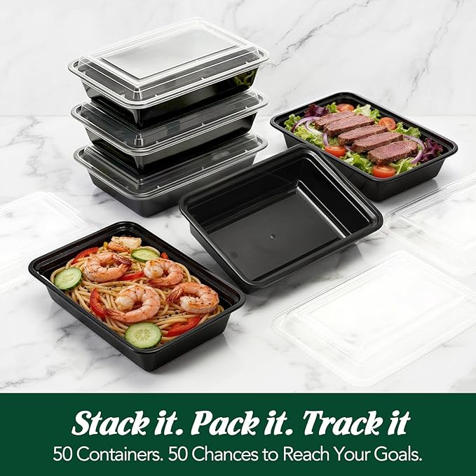 Glotoch Meal Prep Containers with Lids, Plastic food storage containers Reusable, 1-compartment BPA-free, Bento boxes for portion control & takeout, Microwave/freezer/dishwasher safe (50 pack, 32 oz)