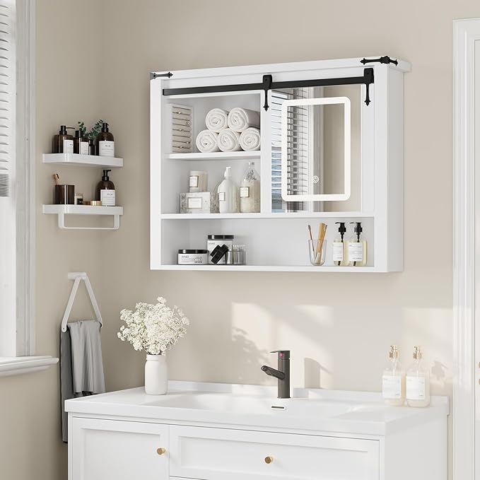 QUW 31" Farmhouse Bathroom Wall Cabinet, Bathroom Medicine Cabinets with Mirror, Over Toilet Wall Storage Cabinet, 3 Lighting Modes, Adjustable Brightness, Jewelry Holder, Sliding Door, White