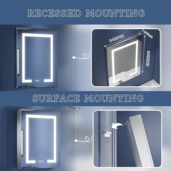 ExBrite LED Lighted Bathroom Medicine Cabinet with Mirror, 24 x 30 Inch, Recessed or Surface Mount, Anti-Fog, Stepless Dimming, Color Temperature Adjustment, 2 Outlets, Storage Shelves, Left Hinge
