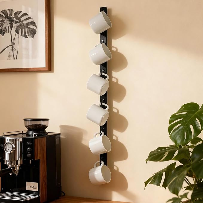 Wall Mounted Coffee Cup Holder - Slim Design Mug Rack with Hooks, Space-Saving Organizer for Kitchen, Office, and Coffee Bar - Holds Multiple Cups, Easy Installation, Versatile Display