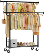 Simple Trending Clothes Rack, Double Rods Clothing Rack for Hanging Clothes, Metal Garment Rack with Rolling Wheels, Portable Wardrobe Closet Rack for Coat, Bedroom, Laundry, Black