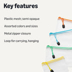Amazon Basics 30-Pack Mesh Zipper Pouch Bags, 8 Sizes Assorted Colors Storage Organizers, Multipurpose Clear Travel Document Bags for Office Home School Organization