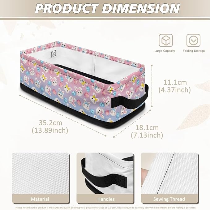 Narrow Storage Bins Multi-purpose Storage Baskets with Handles Bathroom Essentials Organizer Basket Fabric Vanity Tray for Office Supplies, Easter Egg Cute Bunny Rabbit Pink Blue Gradient