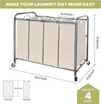 Laundry Sorter Hamper with Wheels, Heavy-Duty Laundry Sorter Rolling Cart, Lockable Wheels and Removable Bags, 4 Sections, Beige