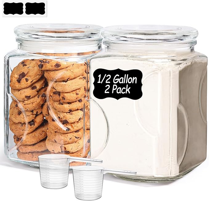 ComSaf 64 oz Glass Jar with Lid, 2 QT Pantry Storage Containers set with Glass Lids, Flour Sugar Storage Containers, Half Gallon Jars for Kitchen Storage and Laundry Room Containers, Set of 2