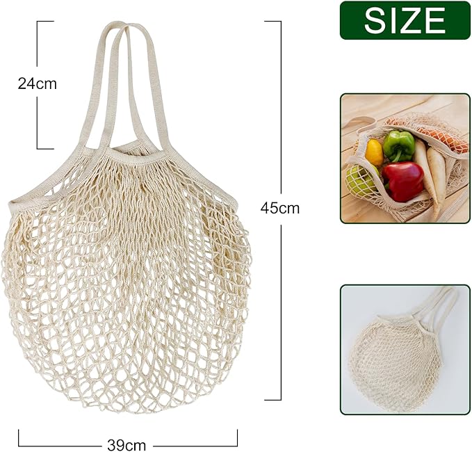 2-Pack Reusable Mesh Grocery Bags, 100% Cotton String, Long Handle Produce Bags, Fruit & Veggie Storage