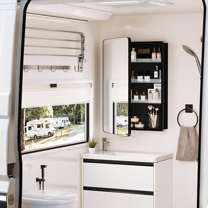 Medicine Cabinet 20x30 Inch, Aluminum Bathroom Mirror Cabinet with Storage, Recessed or Surface Mount, Black Vanity Storage Unit with 3 Anti-Tip Adjustable Acrylic Shelves, Soft Close Hinge