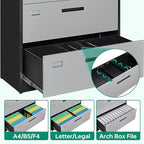 Letaya 4 Drawer Lateral Metal Filing Cabinet with Lock-File Cabines-Organization Storage Cabinets for Home Office-Hanging Letter/Legal/F4/A4 Size (4 Drawer-Grey Black)
