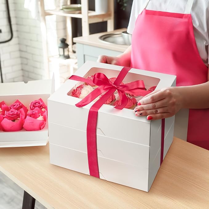 12 Count Cupcake Boxes, 4 Pack Auto-Popup White Cupcake Containers with Window and Inserts Cupcake Carrier with Holders to Fit Dozen Cupcakes and Muffins
