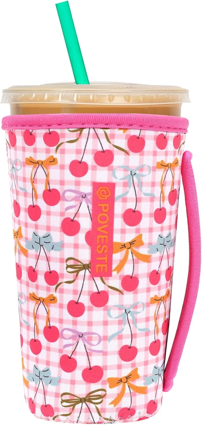 Reusable Neoprene Insulator Sleeve for Iced Coffee & Cold Soda, Coffee Sleeves for Iced & Hot Drinks, Cold Beverage Cooler Compatible with Starbucks, Dunkin (Cherry Picked, Large: 32oz)