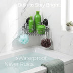 Corner Shower Caddy with Suction Cup Shower Shelf with Hooks, Stainless Steel Bathroom Caddy, Wall Mounted Shower Basket for Bathroom, Adhesive 3M Stick Discs Included (Black)