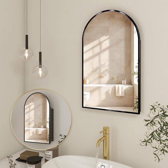 Arched Medicine Cabinet Mirror No Assembly Needed Bathroom Mirror with Storage Recessed or Surface Mount Options (Black, 25.6" L x 15.8" W)