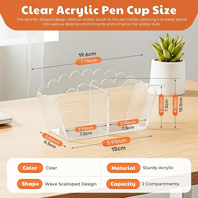 Clear Acrylic Pen Holder 2-Compartment Scalloped Desk Caddy for Office, Vanity or Bathroom – Makeup Brush & Pencil Organizer (2-Comp)