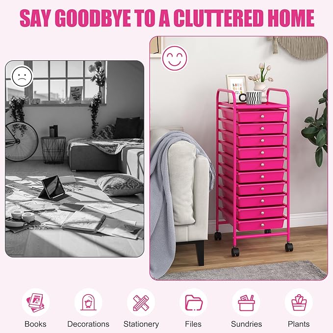 GOFLAME 10-Drawer Rolling Storage Drawer Cart, Utility Cart with Removable Drawers & Metal Frame, Mobile Art Craft Drawer Cart with Lockable Wheels for Home, Office, Studio, School, Hot Pink