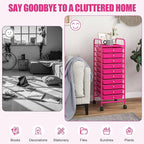 COSTWAY 10-Drawer Rolling Storage Cart, Utility Mobile Trolley with Removable Drawers & Universal Casters & 2 Brakes, Versatile Flexible Drawer Organizer Cart for Home, Office, Hot Pink
