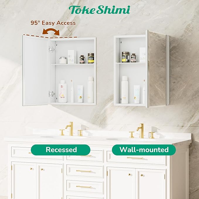 TokeShimi 14 x 18 Recessed Medicine Cabinet for Bathroom, Assembly Required, White Medicine Cabinet with Mirror, Tempered Beveled Mirror, Stepless Adjustable Shelves, DTC Hinge