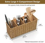 Extra Large Kitchen Utensil Holder with 4 Compartments, Handwoven Resin Wicker Utensil Caddy, Farmhouse Rustic Flatware Organizer for Countertop, Quick-Dry Storage Basket