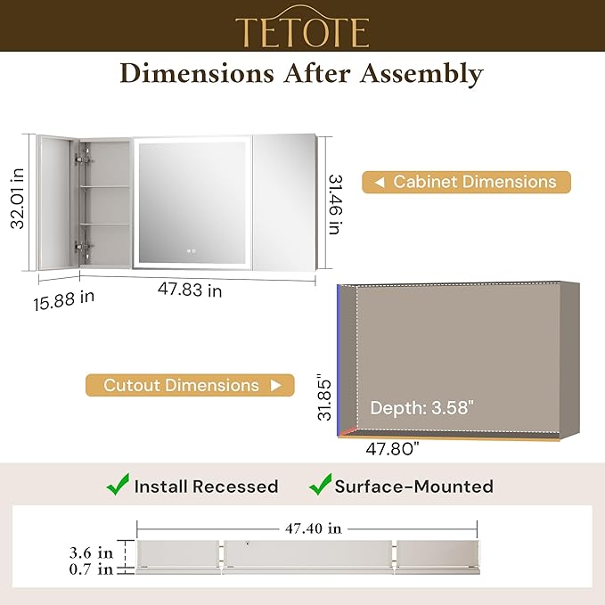 TETOTE 48 x 32 Lighted Bathroom Medicine Cabinet with Adjustable Shelves, Silver Aluminum Cabinet, Anti-Fog Stepless Dimmable 3 Colors White/Warm/Natural, Easy to Install(Wall Mount/Recessed)