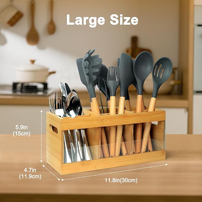 Kitchen Utensil Holder for Counter Extra Large Bamboo Wooden Utensil Organizer with 6 Compartments Cooking Utensil Holder Storage for Silverware Spoons Farmhouse Kitchen Decor (Absorbing Drying Stone)