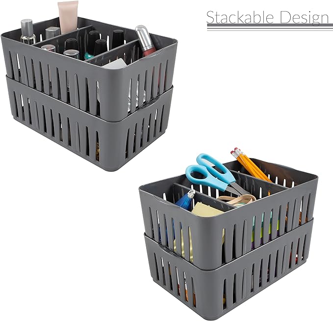Simplify 3 Compartment Stackable Bin with Adjustable Dividers | Drawer Organizer | Storage Basket | Good for Office | Desk Supplies | Dorm | Bathroom | Accessories | Make Up | Grey