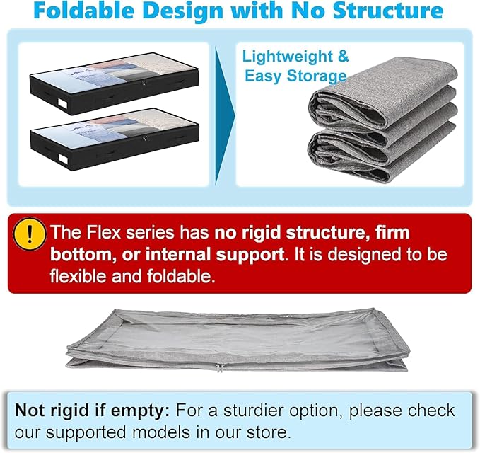 4 Inch Low Profile Under Bed Storage Drawer 2 Pack, Lightweight Underbed Clothes Storage Container Bins with NO STURCTURE, Shallow Storage Bag for Dorm & Home, With Clear Lids & Water-Resistant Fabric