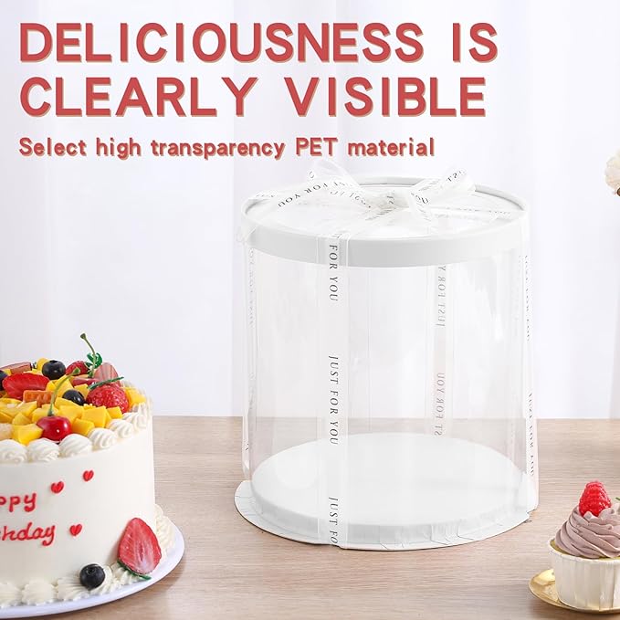 JCD 6Pcs 8.5 * 9.5inch Round clear cake boxes with Ribbon,Ideal for 7inch and 6inch Tall Layer Tiered Cakes,Multi-Layer cake boxes for Christmas Bakery Treat (box, Clear Lid, Round 8.5inch/6Pcs)