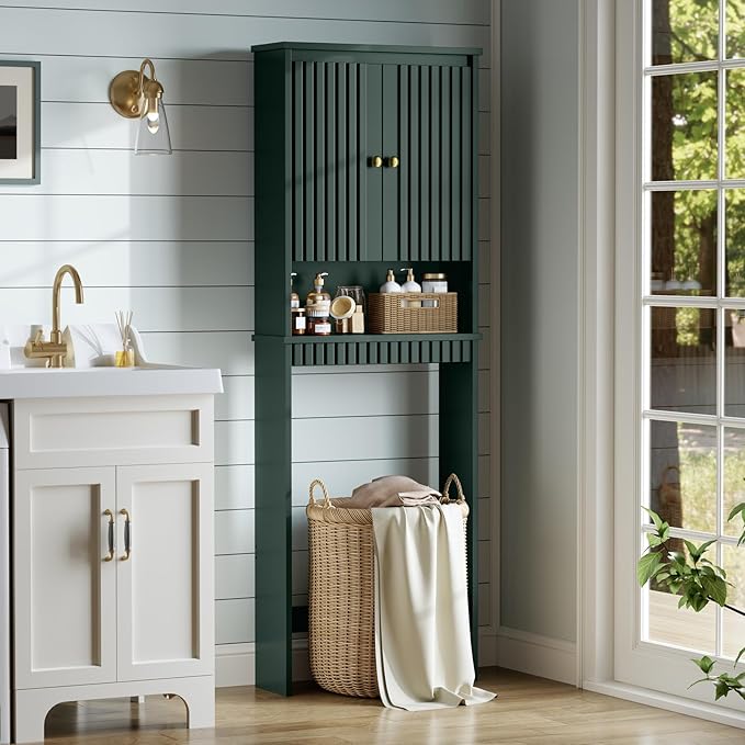 Over The Toilet Storage Cabinet, Over The Toilet Storage with Fluted Door Over The Toilet Cabinet with Adjustable Shelf Above The Toilet Storage Cabinet for Bathroom Organizer, Forest Green