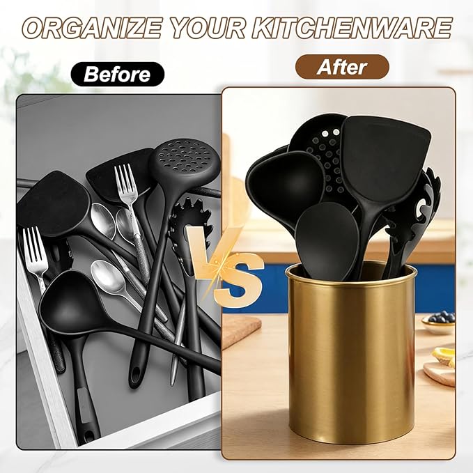 uxcell Kitchen Utensil Holder, 3.1x6.3 Stainless Steel Utensil Cutlery Holder Cooking Flatware Organizer for Kitchen Restaurant Countertop Fork, Straw, Knives, Spoon, Chopstick, Silver