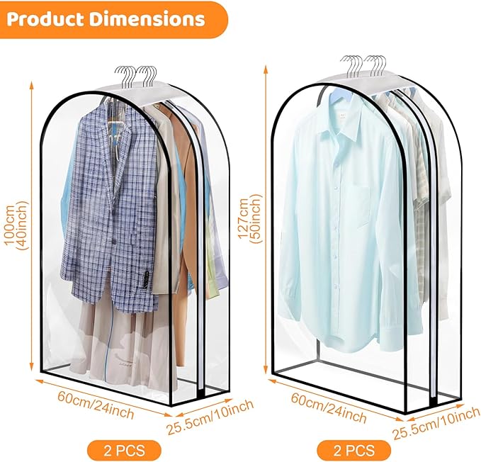 4 Pack Full Clear Garment Bags with Side Zipper, 40&50" Clothes Covers with 10" Gusset, Transparent Hanging Suit & Coat Covers for Closet Storage, Jackets, Dresses, Windbreakers
