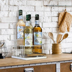 J JACKCUBE DESIGN Cofee Syrup Bottle Holder Rack, Rustic Wood and White Metal Wire 2 Tier 4 Syrup, Wine, Dressing Bottle Countertop Display Storage Stand for Kitchen Coffee Bar- MK816F