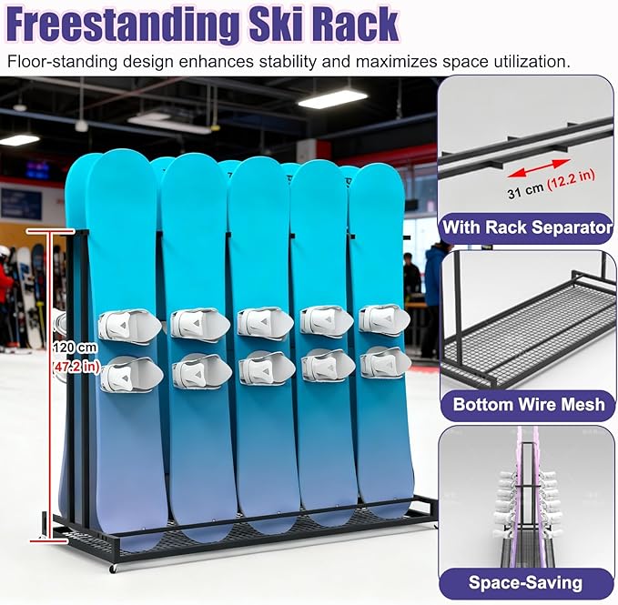 1 2 3 4 5 6 8 9 10 Pair Ski Storage Rack for Organize, Indoor Ski Board Stand for Garage/Basement/Shed, Floor Standing Longboard Carrier Wheels(Holds 4 pcs (2 Pair))