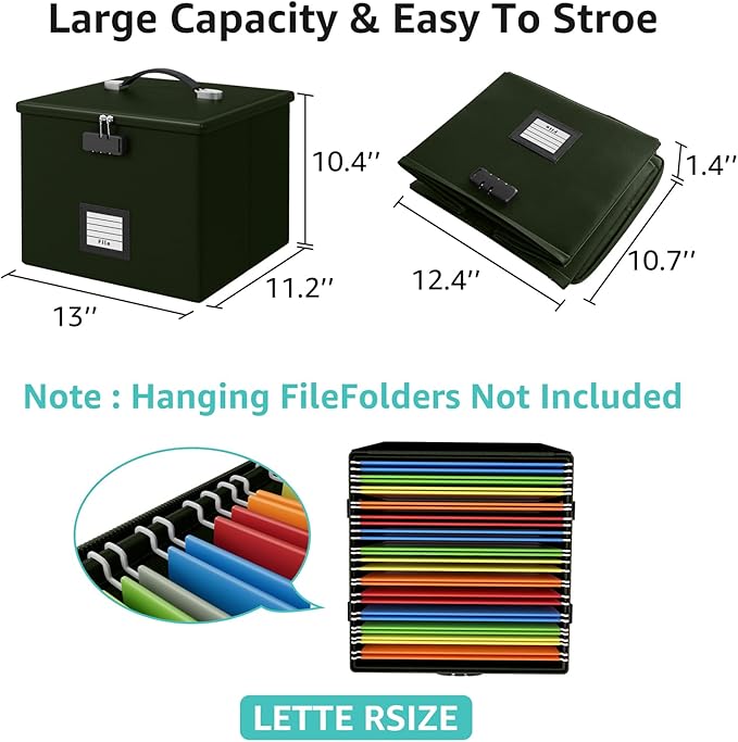 Army Green Fire Proof File Box for Documents - Portable Fireproof Document Organizer Box with Handle Waterproof Safe Locking Folder Storage with Lid