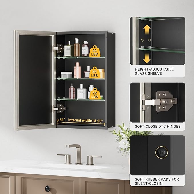 Pre-Assembled Surface or Recessed Medicine Cabinet Mirror-16x24 Brushed Nickel Bathroom Medicine Cabinet with Mirror & Rustproof Aluminum Frame, Beveled Bathroom Vanity Mirror with Storage
