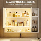 Hasuit Lighted Medicine Cabinet with Mirror and Shelves, Modern Bathroom Medicine Cabinet with Open Storage, Aluminum Channel LED Lights, 39.4'' x 30.7'', White