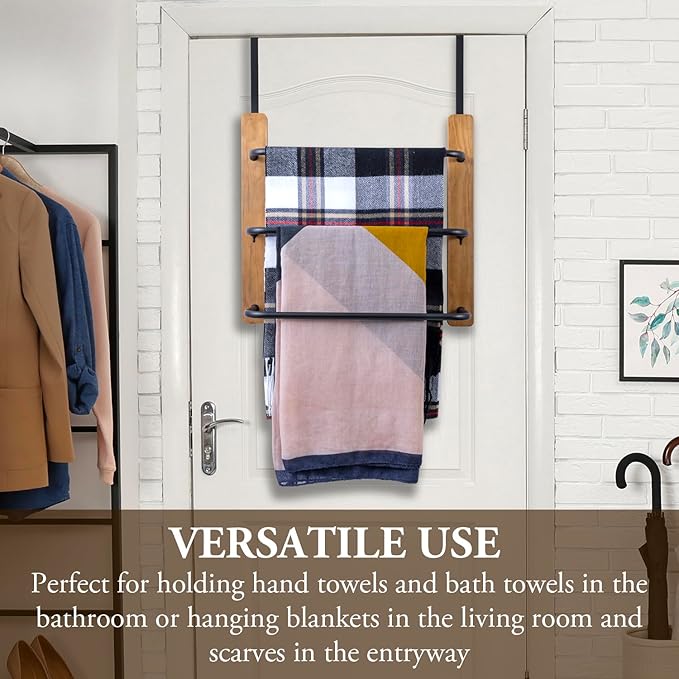 MyGift Over The Door Towel Rack for Bathroom, Rustic Solid Burnt Wood Towel Storage Organizer, 3 Tier Matte Black Metal Towel Bar, Space Saving Bathroom Door Hanging Towel Holder