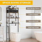 Over The Toilet Storage with Adjustable Wooden Shelves and 2 Fabric Drawers, 4-Tier Over Toilet Bathroom Organizer, Small Freestanding Storage Shelf for Toilet Paper, Towels, Toiletries