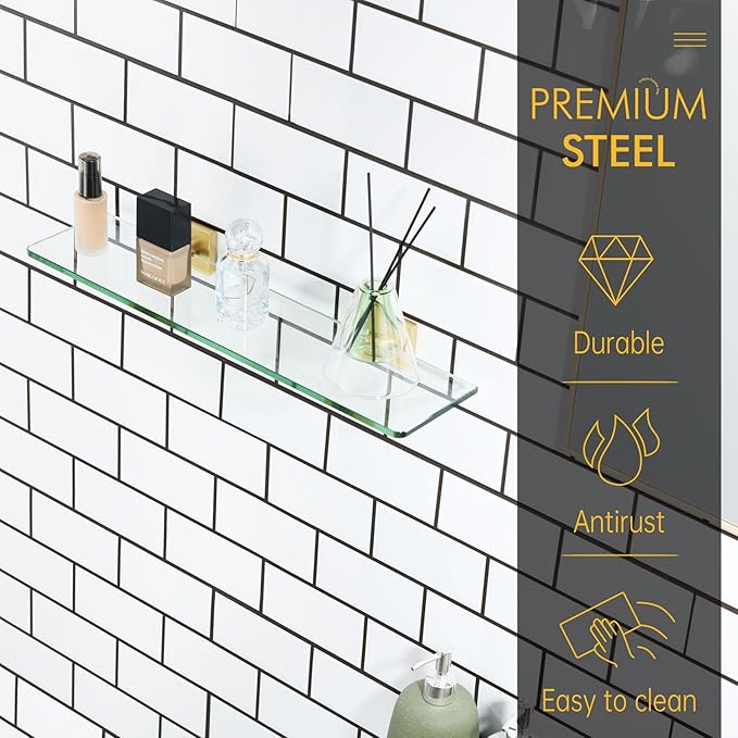 KOKOSIRI Wall Shelves 20-Inch Floating Tempered Glass Shelf for Bathroom Kitchen Hanging Rack Shower Storage, 2 Pack Gold Stainless Steel B1107BG-L20-P2