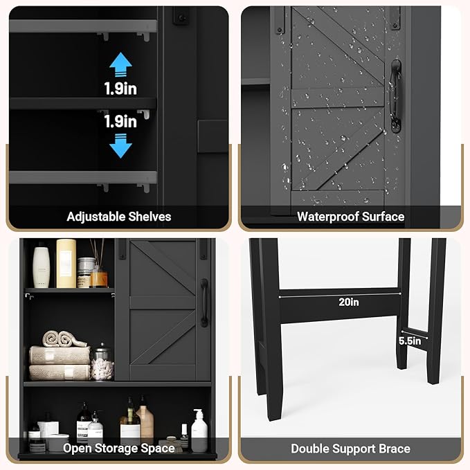 Over The Toilet Storage Cabinet, Bathroom Organizer with Anti-Tip Kit, Adjustable Shelves, Elegant Matte Black Finish Suits Modern Bathrooms.