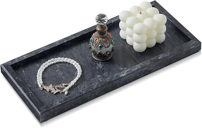Natural Small Marble Vanity Tray, Luxury Stone Organizer for Bathroom & Kitchen | Holds Soap Dispenser, Jewelry, Perfume | Non-Resin, Non-Ceramic Décor (Black, M (11.8" x 5.1" x 0.78"))