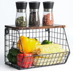 Fruit Basket for Kitchen Counter, Fruit Bowl Stackable Wall Mounted Hanging Fruit Basket Wire Basket with Wood Lid with Banana Hanger Hooks, Onion,Potato,Fruit and Vegetable Storage