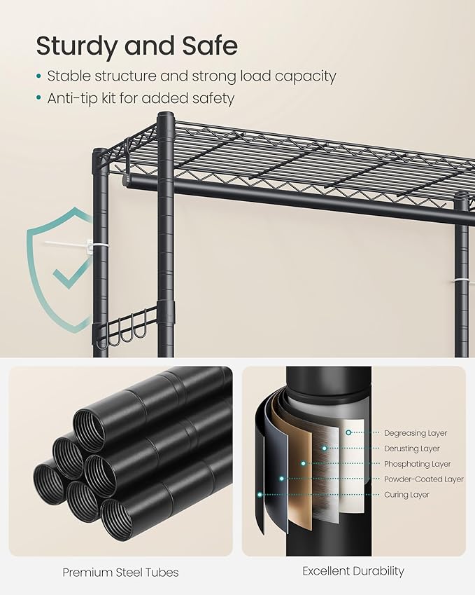 SONGMICS Heavy-Duty Rolling Clothes Rack, Garment Rack, Portable Closet on Wheels, with Adjustable Mesh Shelves and Hanging Rails, Hooks, 15.8 x 35.4 x 78.3 Inches, Ink Black ULGR418BH01