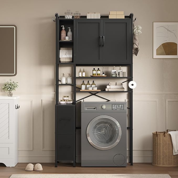 7-Tier Over the Toilet Storage Cabinet with 2 Large Drawers & 6 Hooks, Over the Toilet Storage with Toilet Paper Holder, Bathroom Over Toilet Storage for Bathroom, Laundry Room, Black