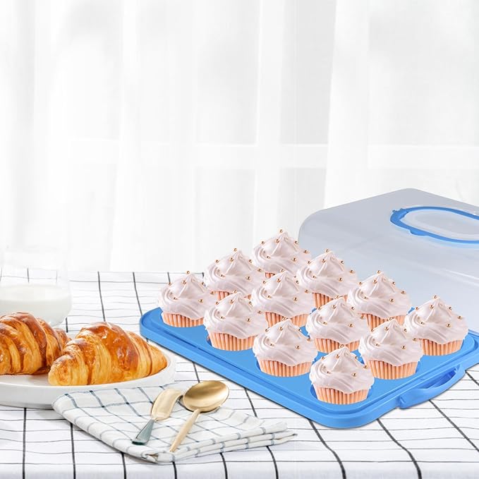 Cake Carrier with Lid, Cake Holder Cupcake Container for 12 Cupcakes 2 in 1 Portable Dessert Container for Pie Muffin Cobbler (Blue)